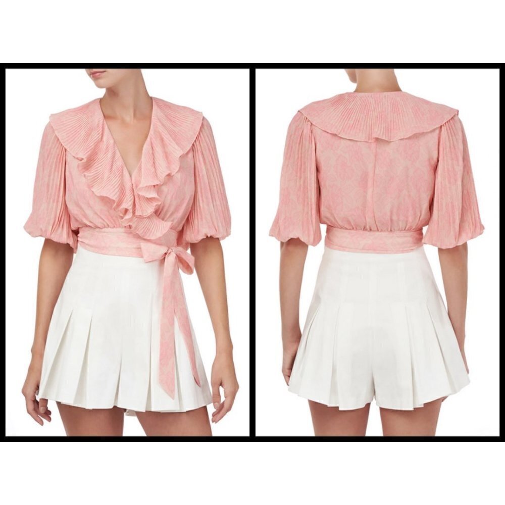 💕AMUR💕 Naya Ruffled Wrap Top Lemon Peach Rose Lace Small Puff Sleeve Crop Top